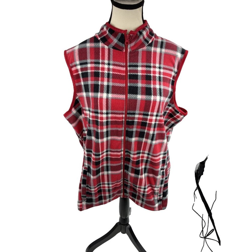 Basic Editions Womens Plaid Fleece Vest Full Zip Cozy Red Black Winter XXL